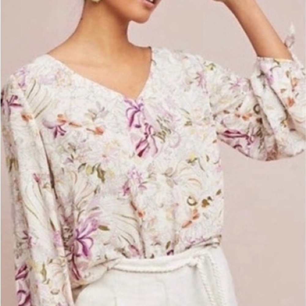 Anthropologie Cream and Purple Relaxed Floral Blouse